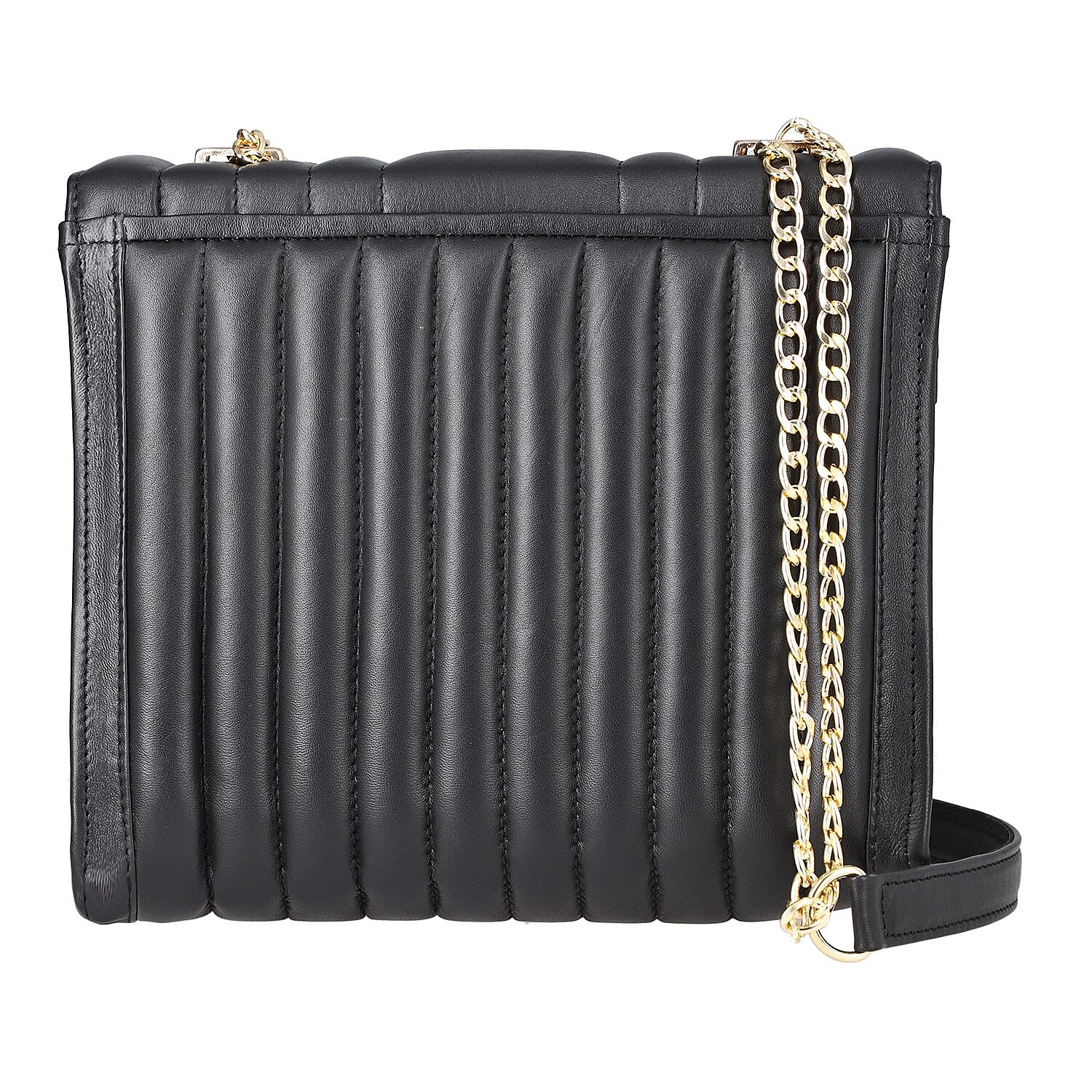 One Time Deal Designer 100% Genuine Leather Quilted Crossbody Bag With Curb Link Strap - Black