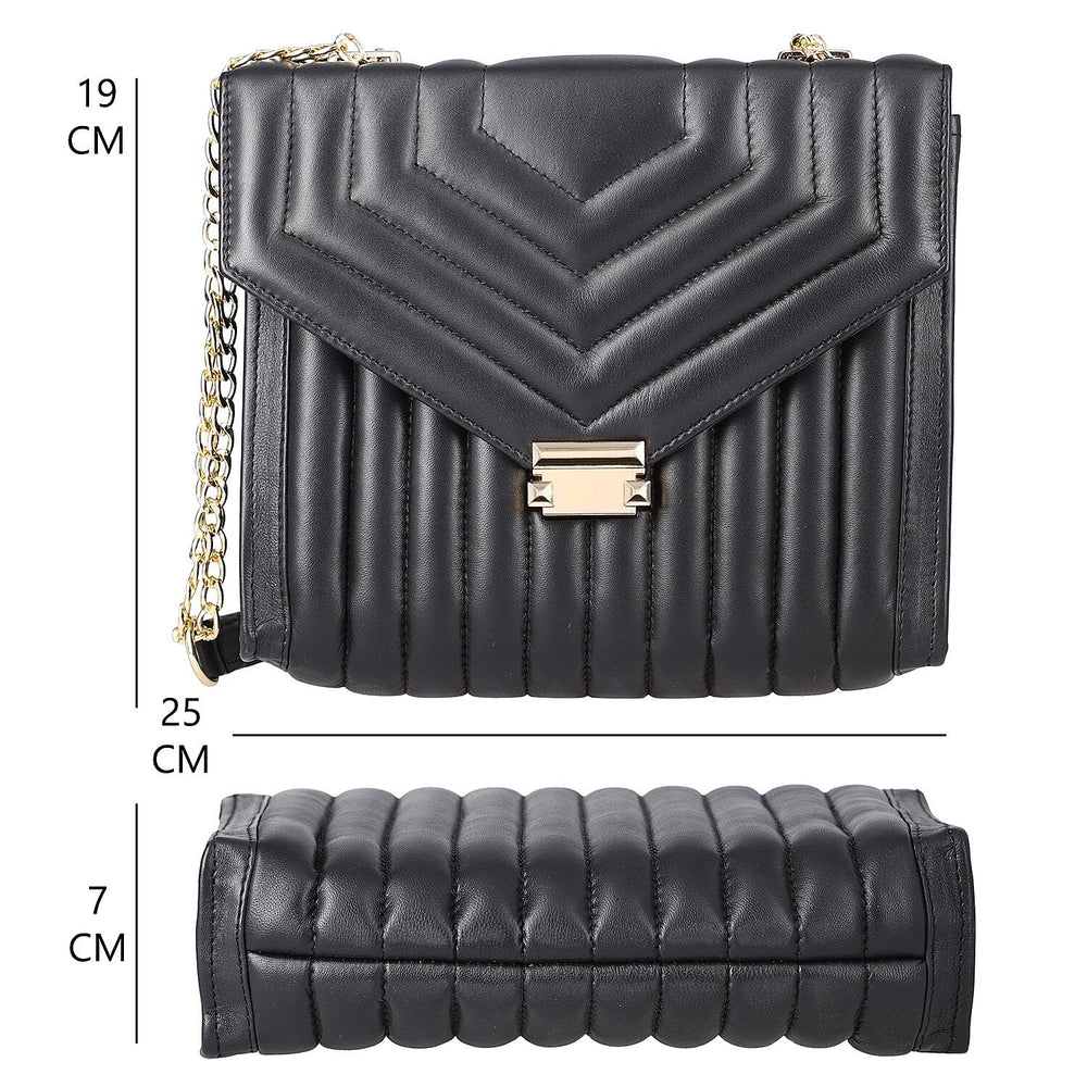 One Time Deal Designer 100% Genuine Leather Quilted Crossbody Bag With Curb Link Strap - Black