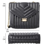 One Time Deal Designer 100% Genuine Leather Quilted Crossbody Bag With Curb Link Strap - Black