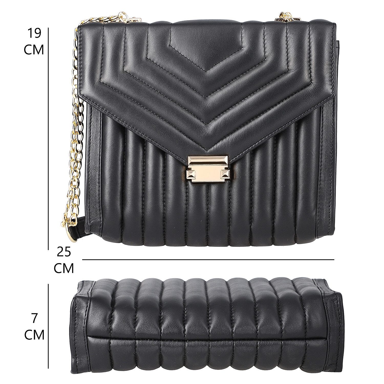 One Time Deal Designer 100% Genuine Leather Quilted Crossbody Bag With Curb Link Strap - Black