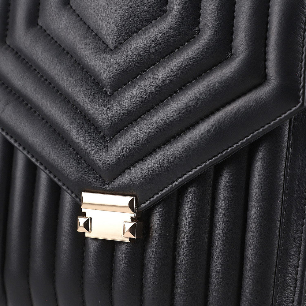 One Time Deal Designer 100% Genuine Leather Quilted Crossbody Bag With Curb Link Strap - Black