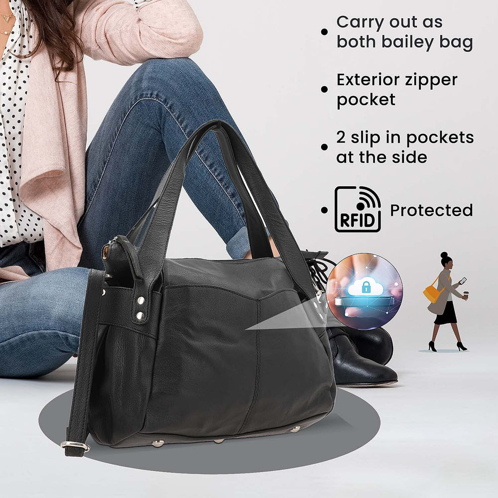 100% Genuine Leather RFID Bailey Bag - Black