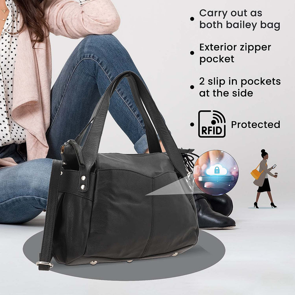 100% Genuine Leather RFID Bailey Bag - Black