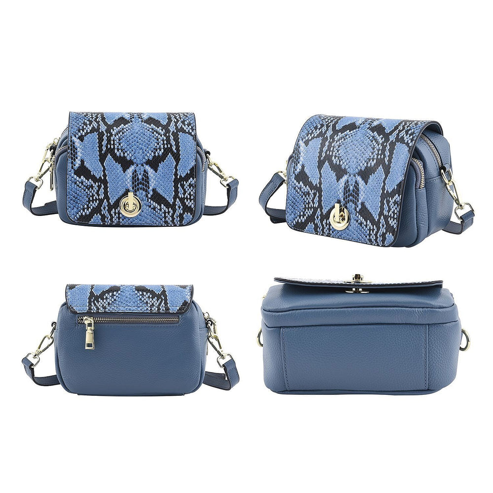 Sencilez Of Barcelona 100% Genuine Leather Snake Pattern Handbag with Shoulder Strap - Blue
