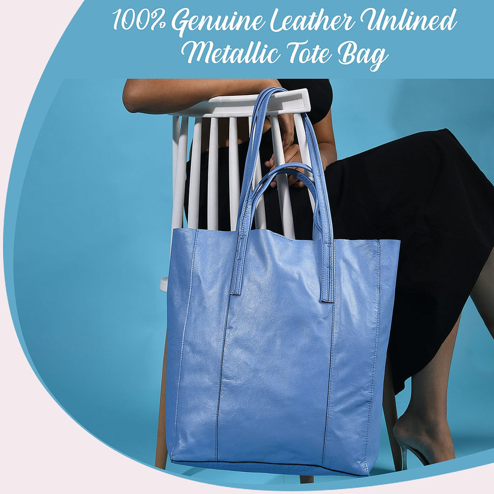 100% Genuine Leather Unlined Metallic Tote Bag - Blue