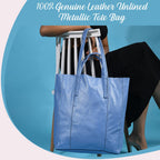 100% Genuine Leather Unlined Metallic Tote Bag - Blue