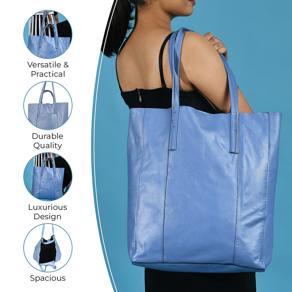 100% Genuine Leather Unlined Metallic Tote Bag - Blue