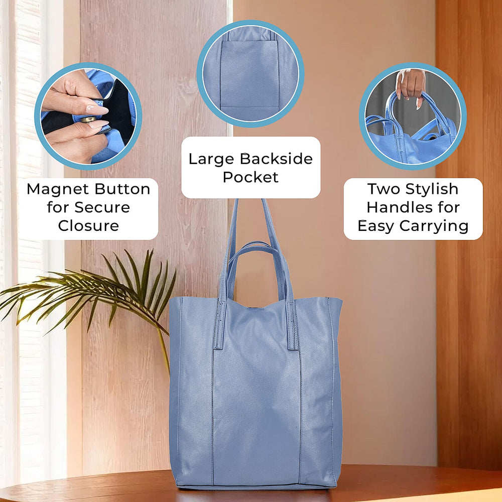 100% Genuine Leather Unlined Metallic Tote Bag - Blue