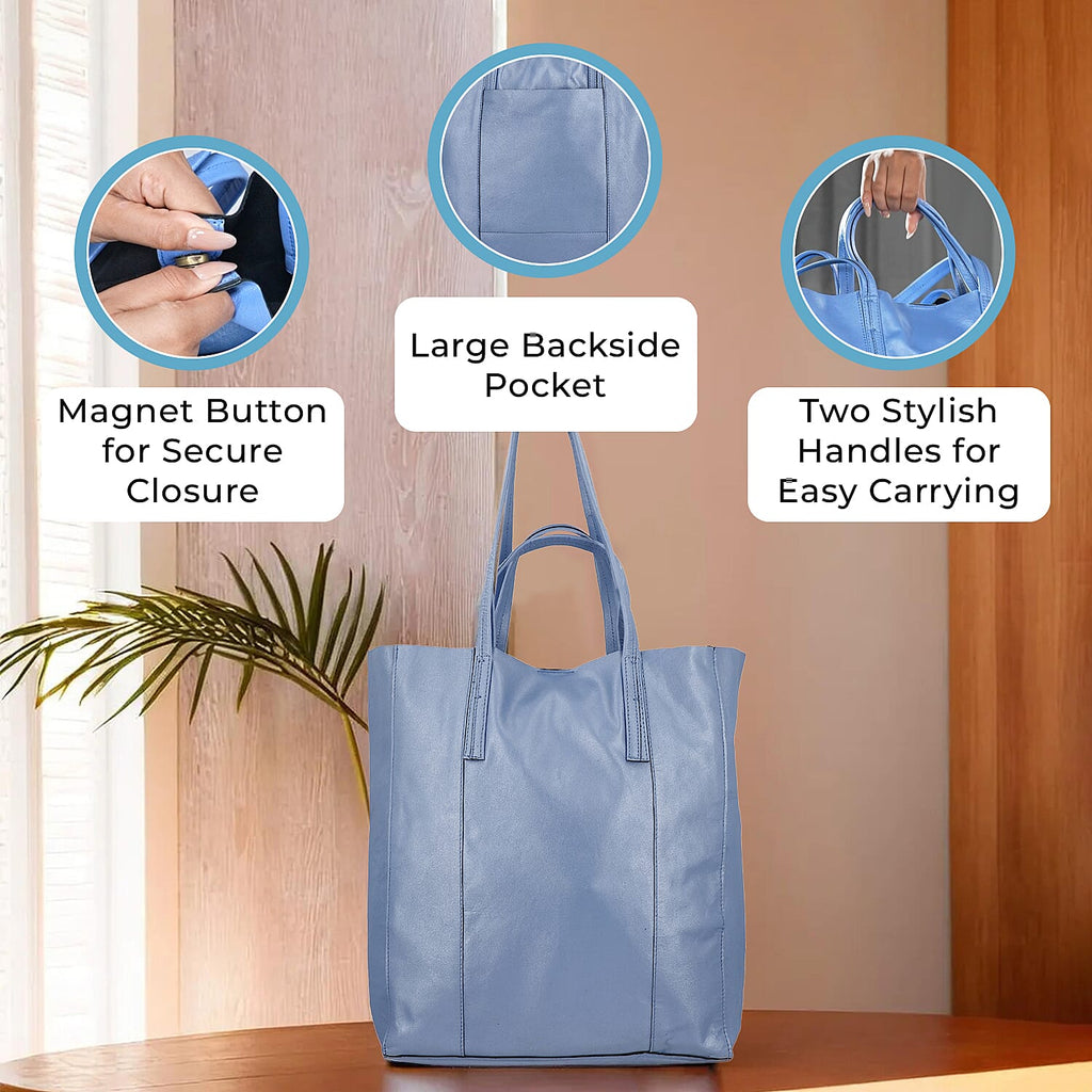 100% Genuine Leather Unlined Metallic Tote Bag - Blue