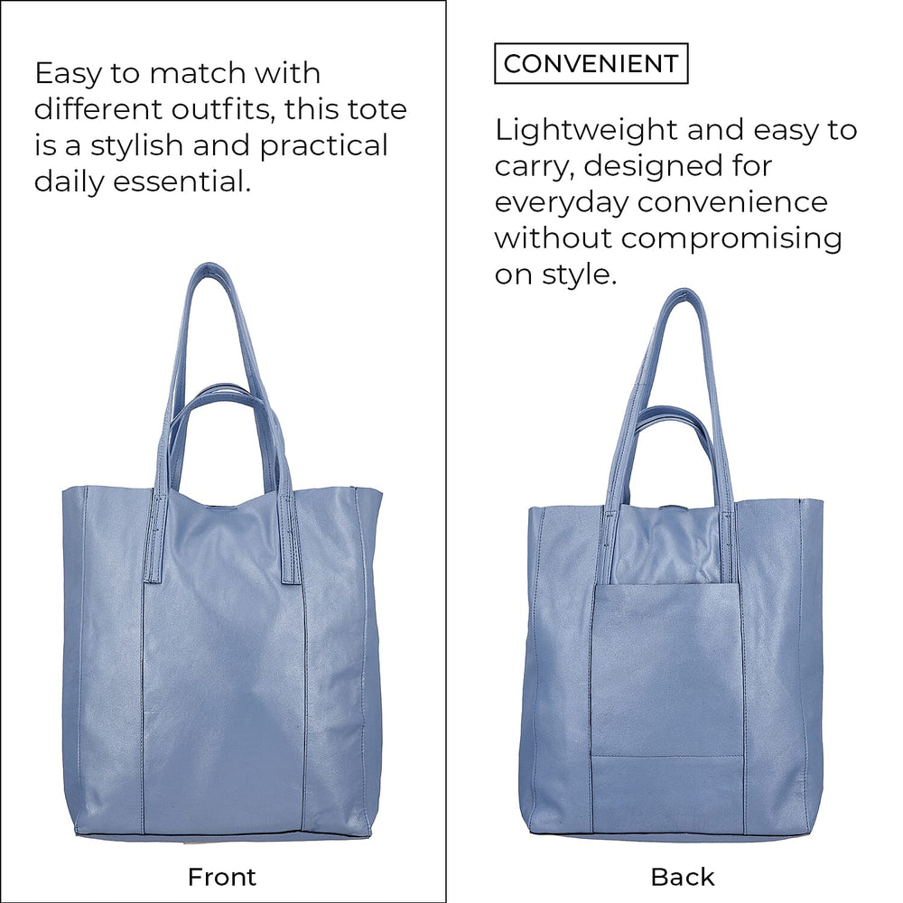 100% Genuine Leather Unlined Metallic Tote Bag - Blue