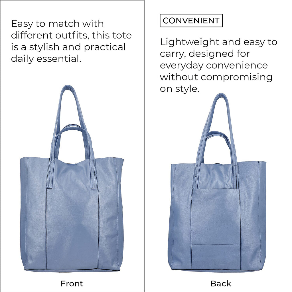 100% Genuine Leather Unlined Metallic Tote Bag - Blue