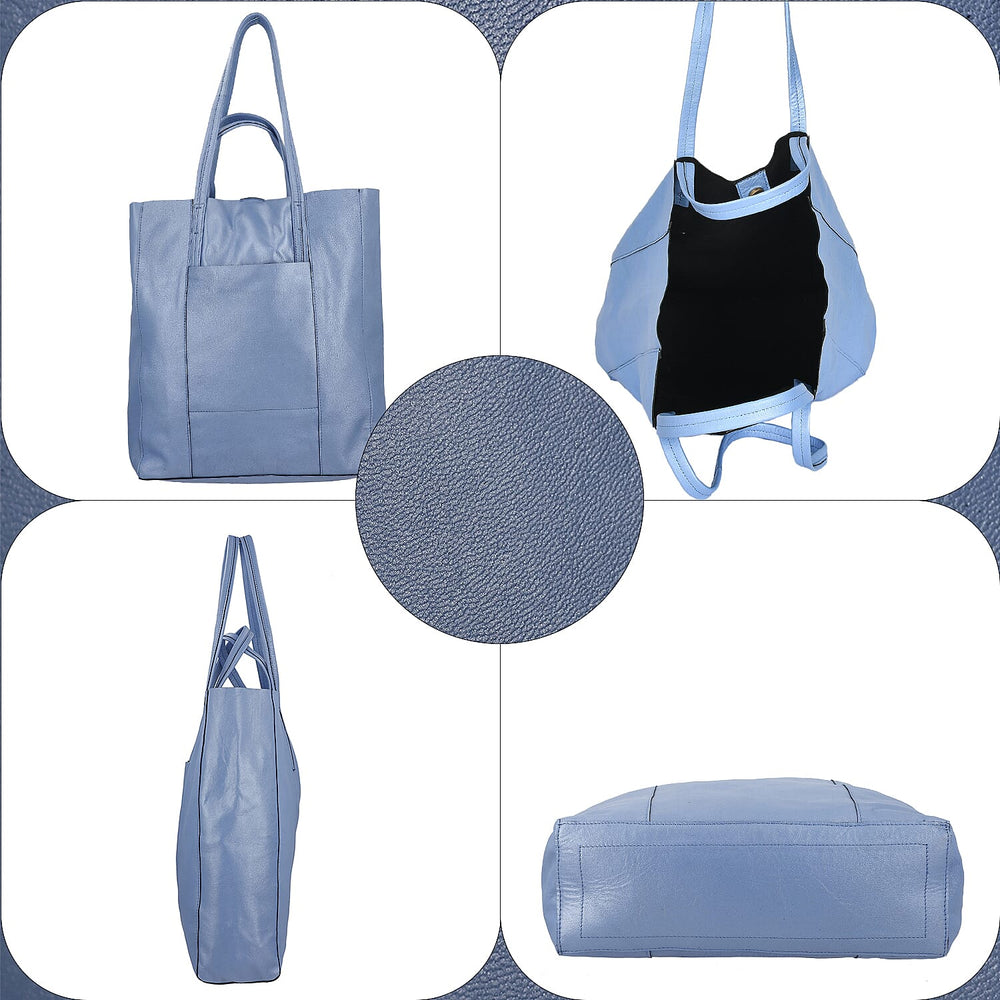 100% Genuine Leather Unlined Metallic Tote Bag - Blue