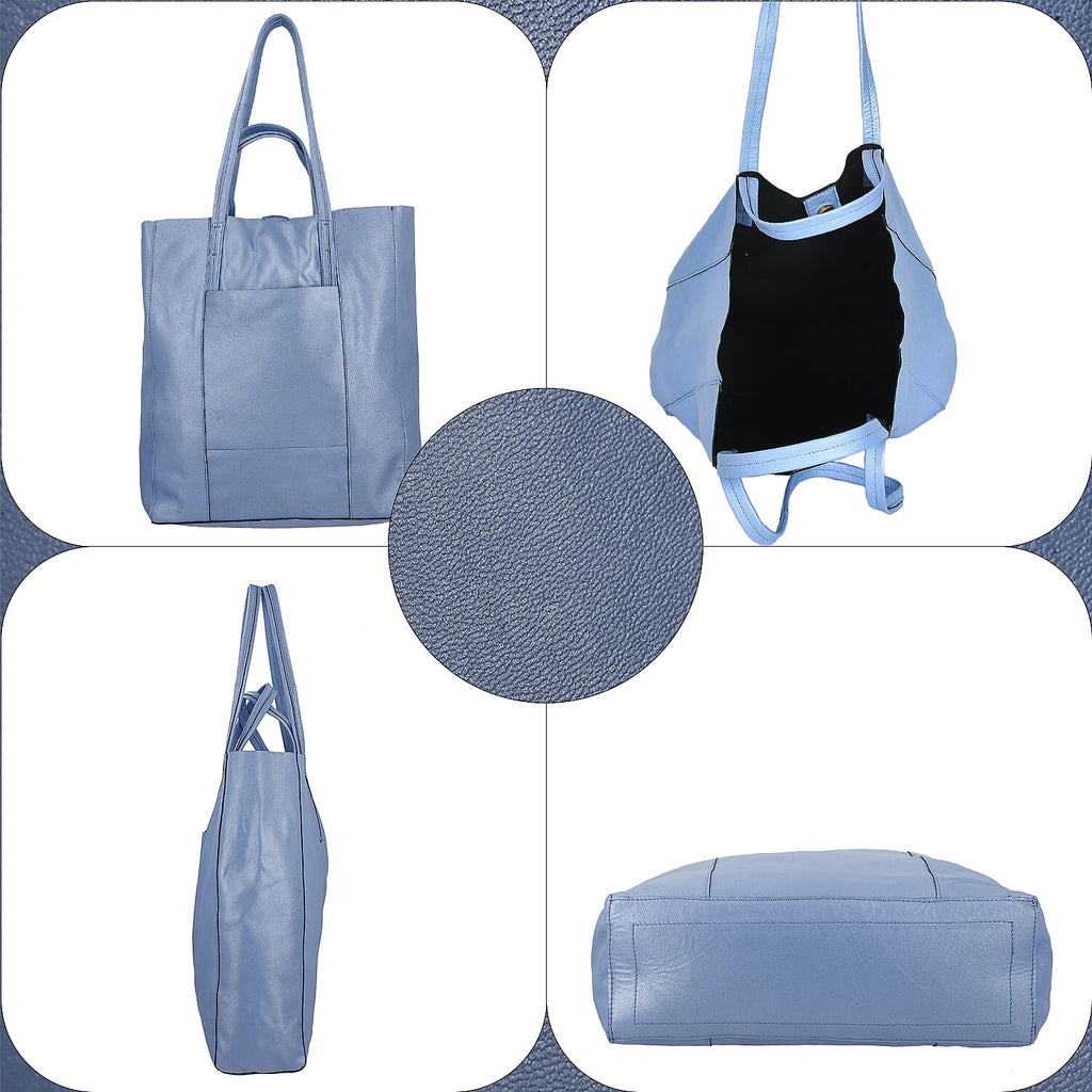 100% Genuine Leather Unlined Metallic Tote Bag - Blue