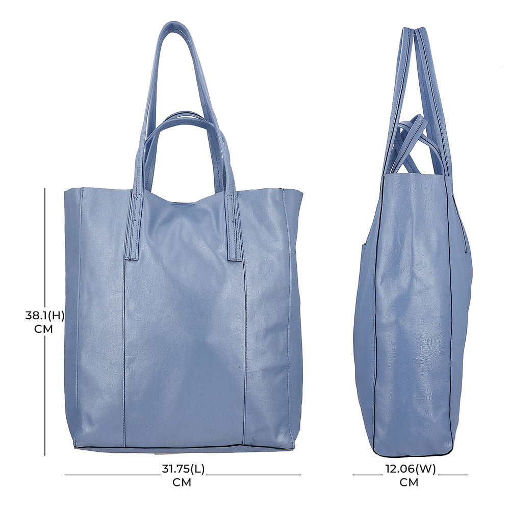 100% Genuine Leather Unlined Metallic Tote Bag - Blue
