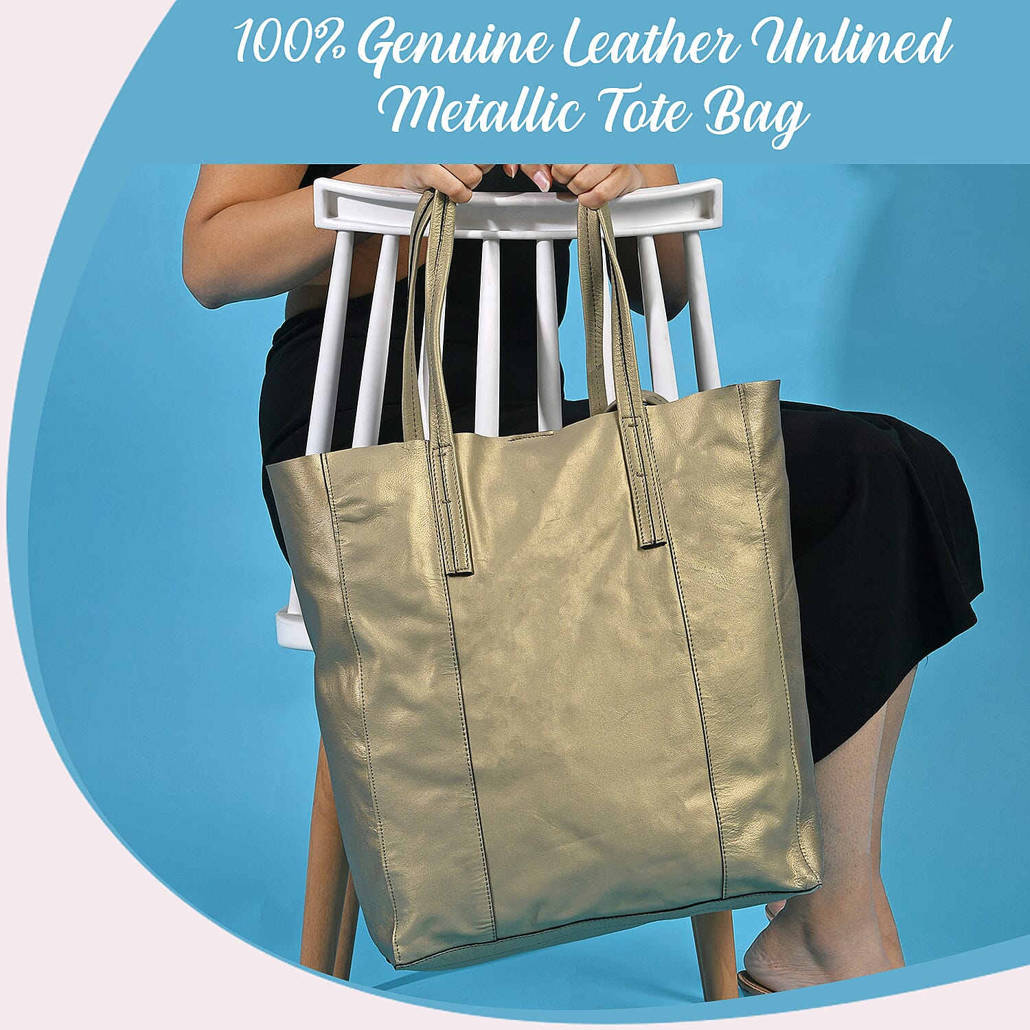 100% Genuine Leather Metalic Tote Bag With Handle Drop - Gold