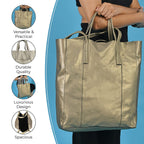 100% Genuine Leather Metalic Tote Bag With Handle Drop - Gold