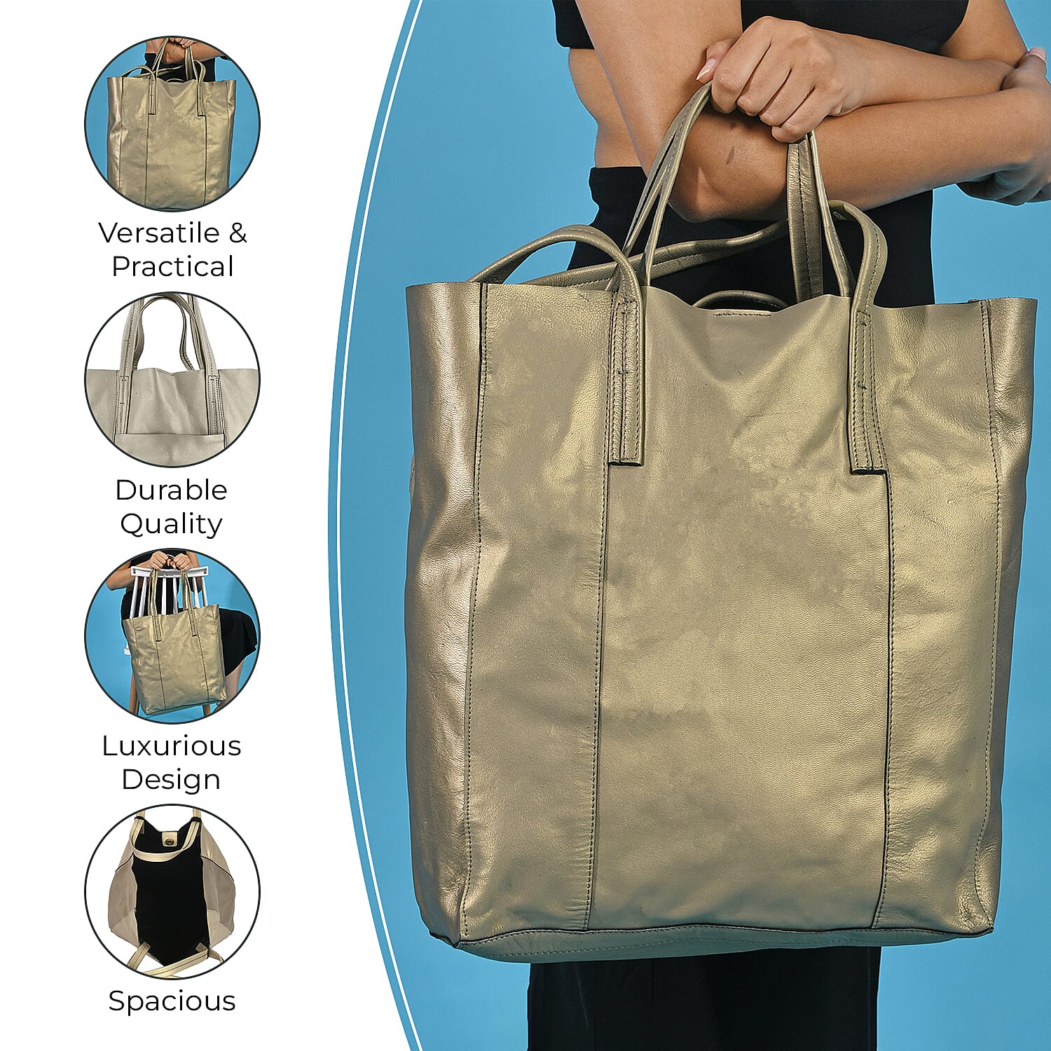 100% Genuine Leather Metalic Tote Bag With Handle Drop - Gold