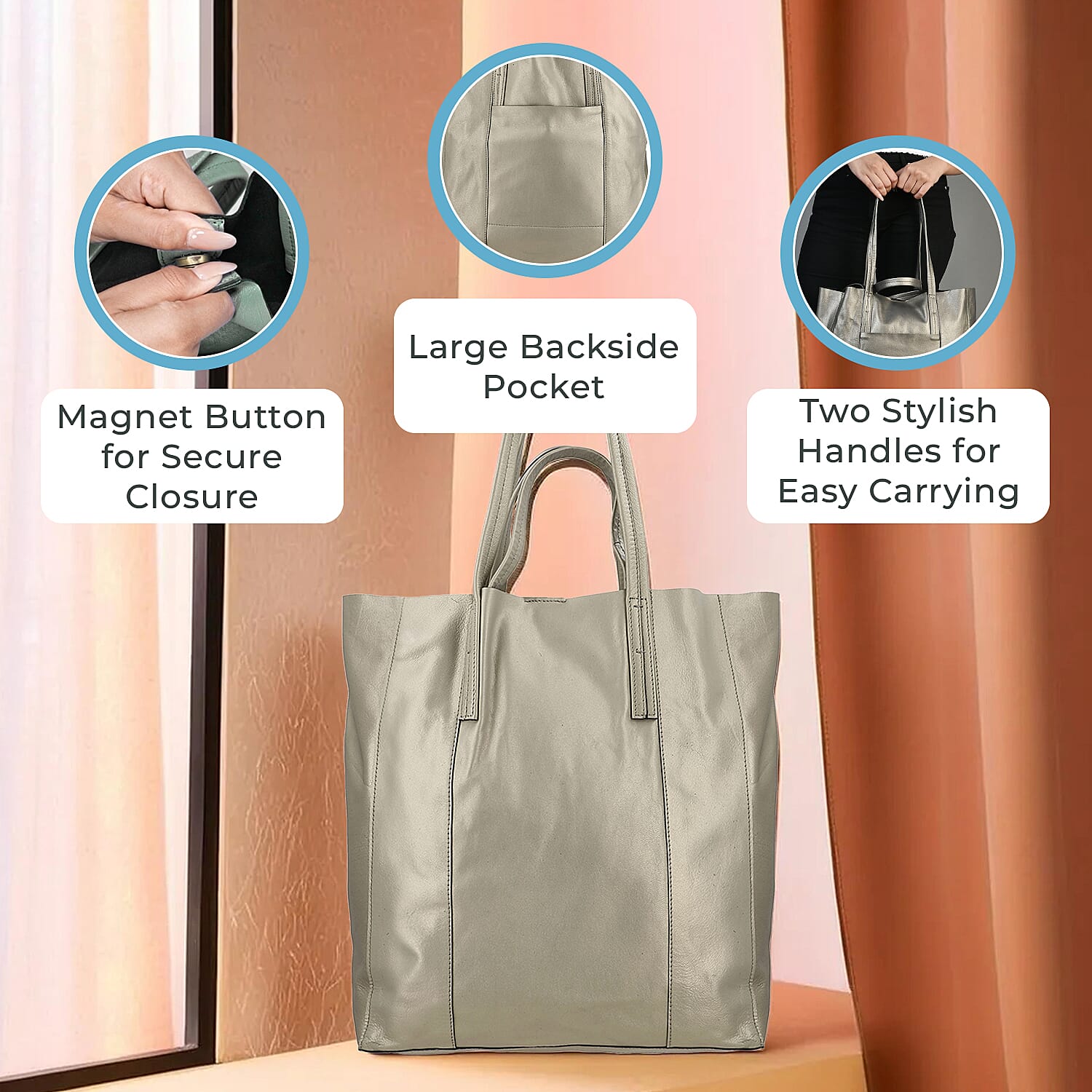 100% Genuine Leather Metalic Tote Bag With Handle Drop - Gold