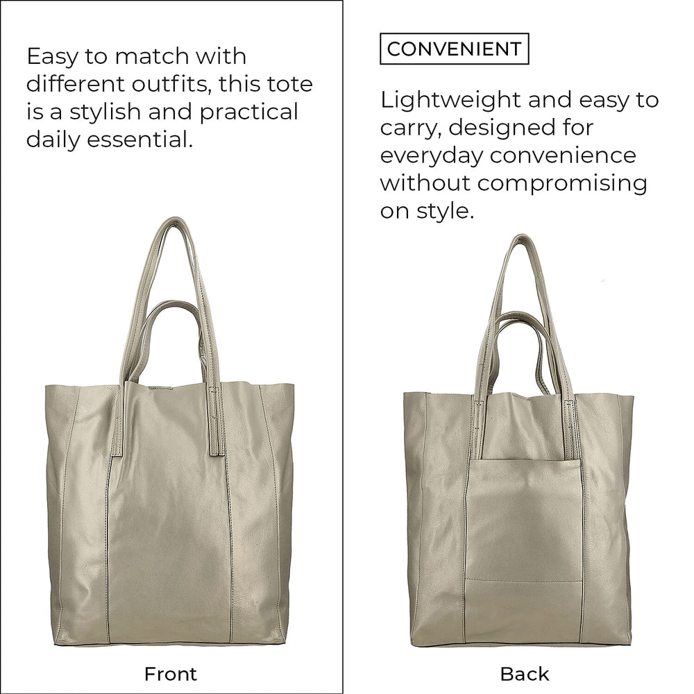 100% Genuine Leather Metalic Tote Bag With Handle Drop - Gold