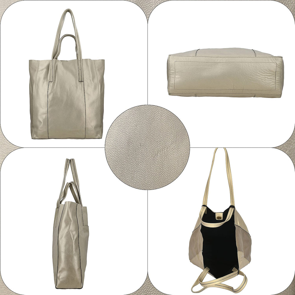 100% Genuine Leather Metalic Tote Bag With Handle Drop - Gold