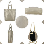 100% Genuine Leather Metalic Tote Bag With Handle Drop - Gold