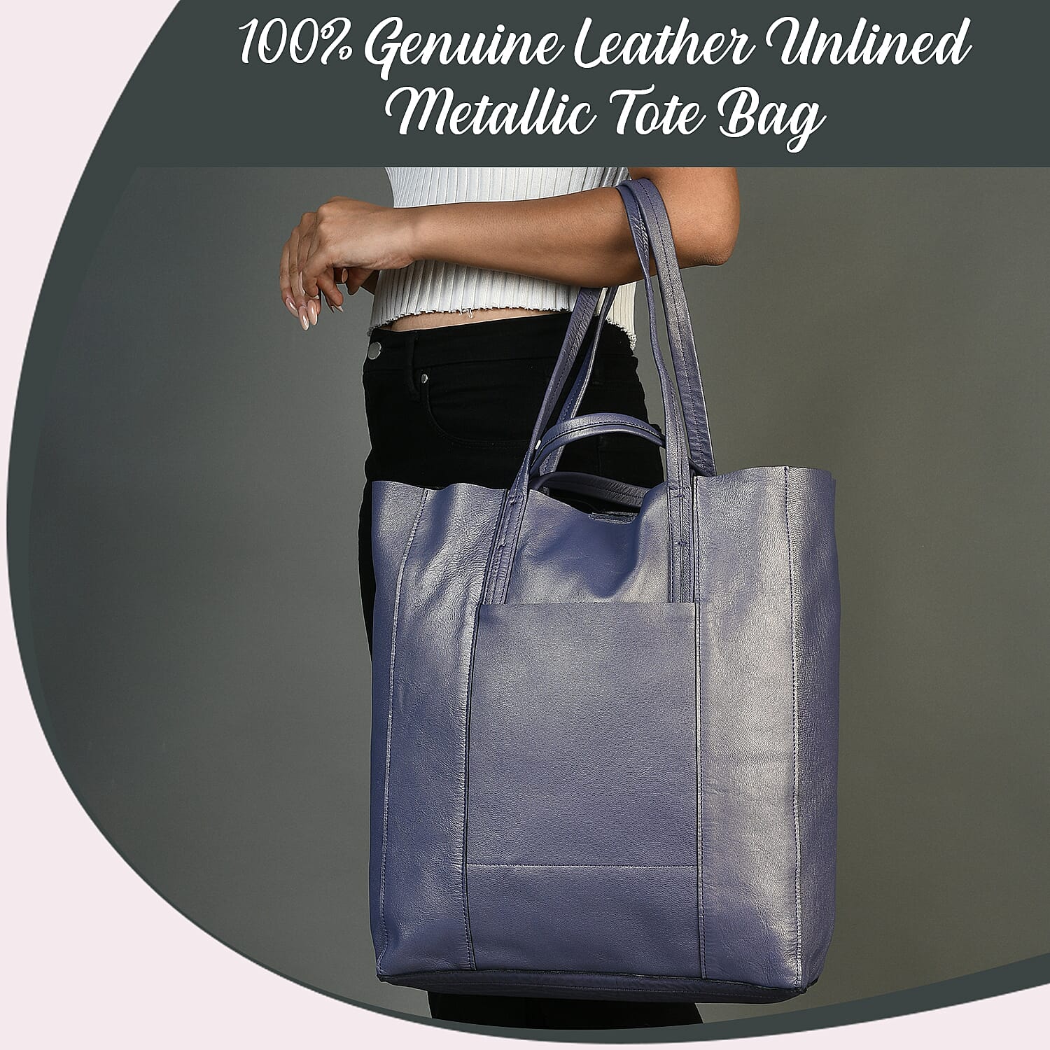 100% Genuine Leather Unlined Metallic Tote Bag - Purple