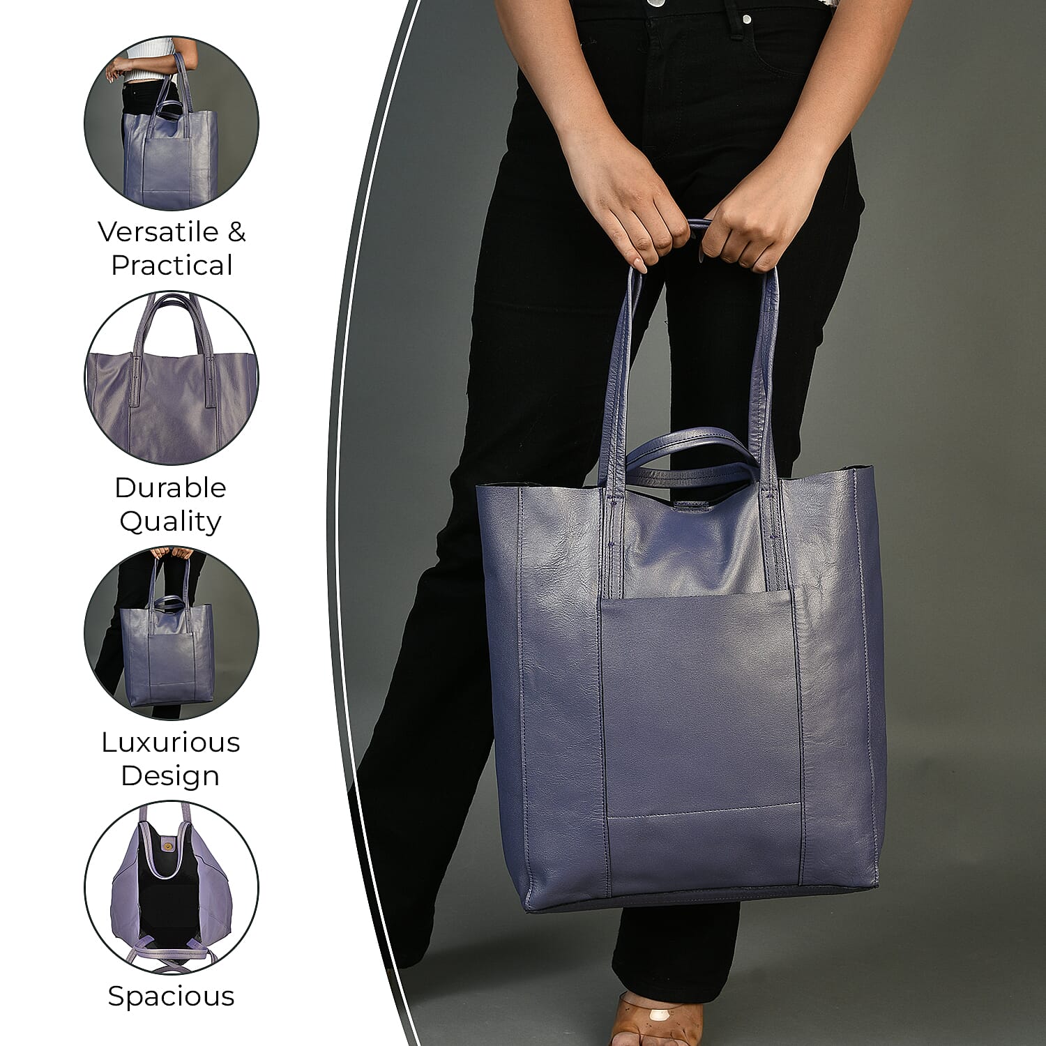 100% Genuine Leather Unlined Metallic Tote Bag - Purple