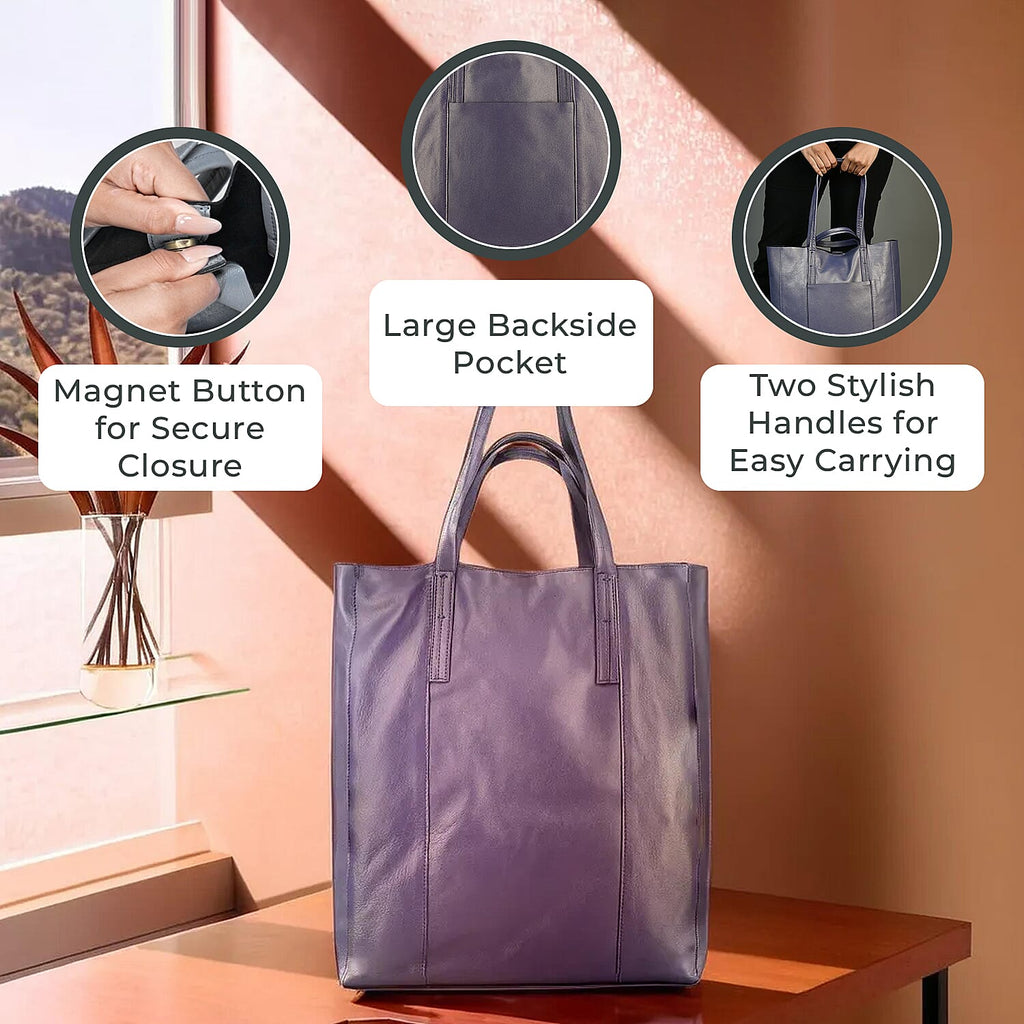 100% Genuine Leather Unlined Metallic Tote Bag - Purple