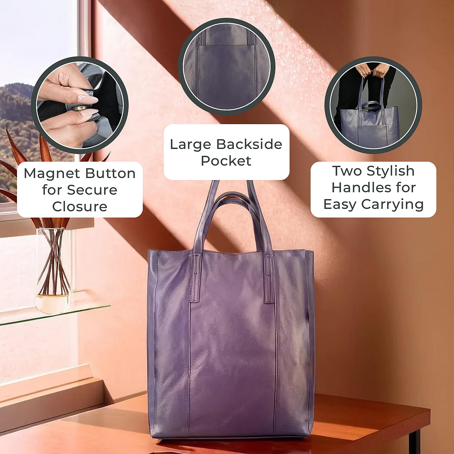 100% Genuine Leather Unlined Metallic Tote Bag - Purple