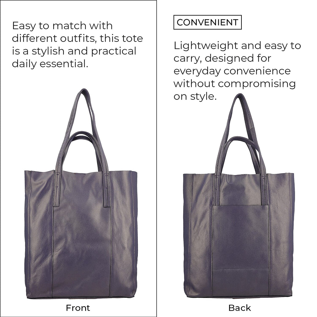 100% Genuine Leather Unlined Metallic Tote Bag - Purple