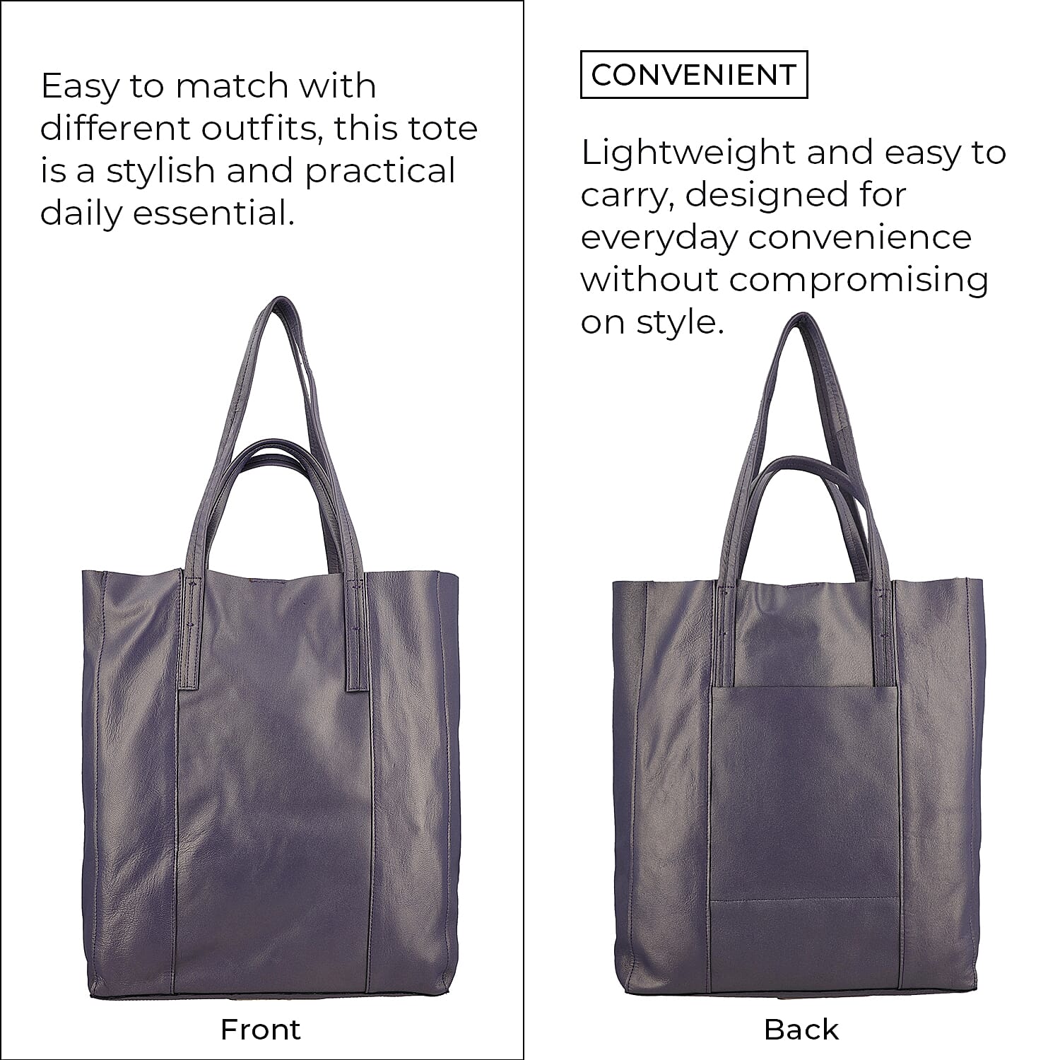 100% Genuine Leather Unlined Metallic Tote Bag - Purple