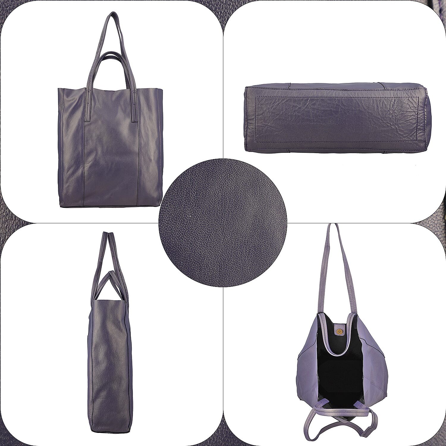100% Genuine Leather Unlined Metallic Tote Bag - Purple