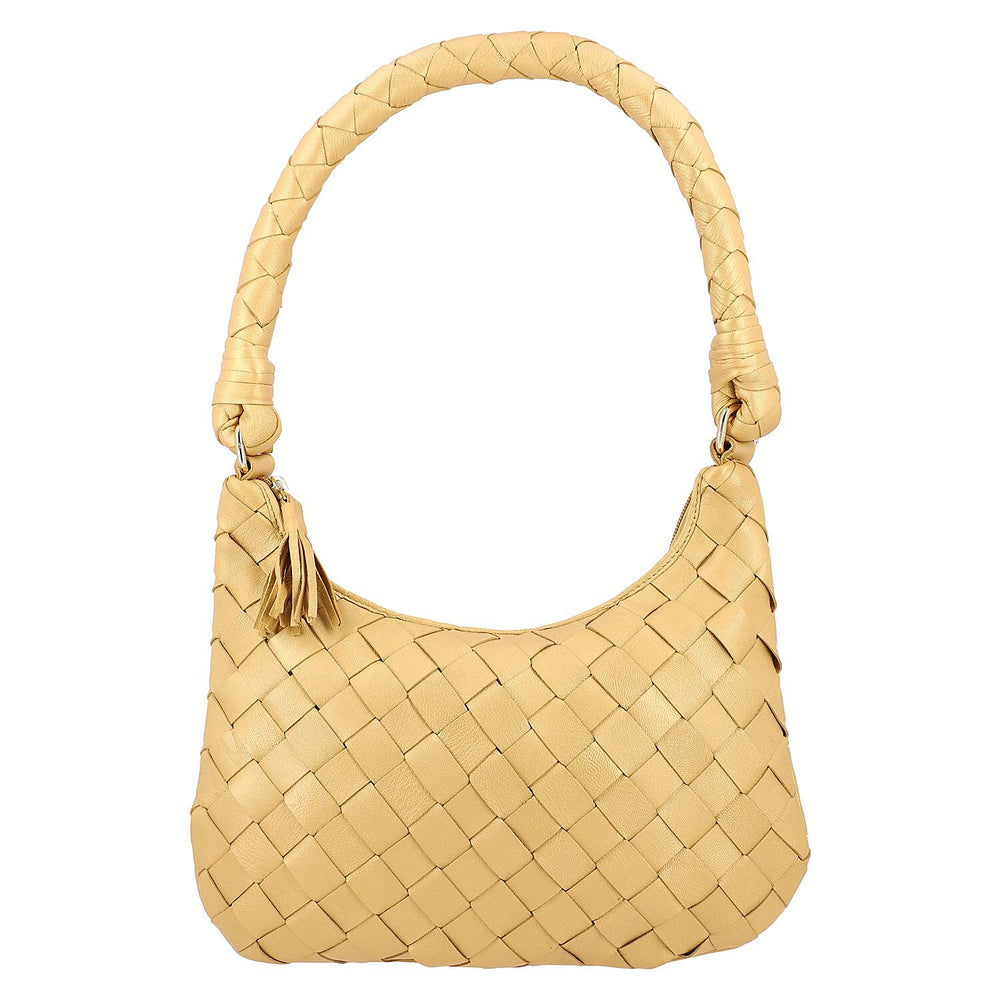 100% Genuine Leather Weaved Shoulder Hobo Bag - Gold