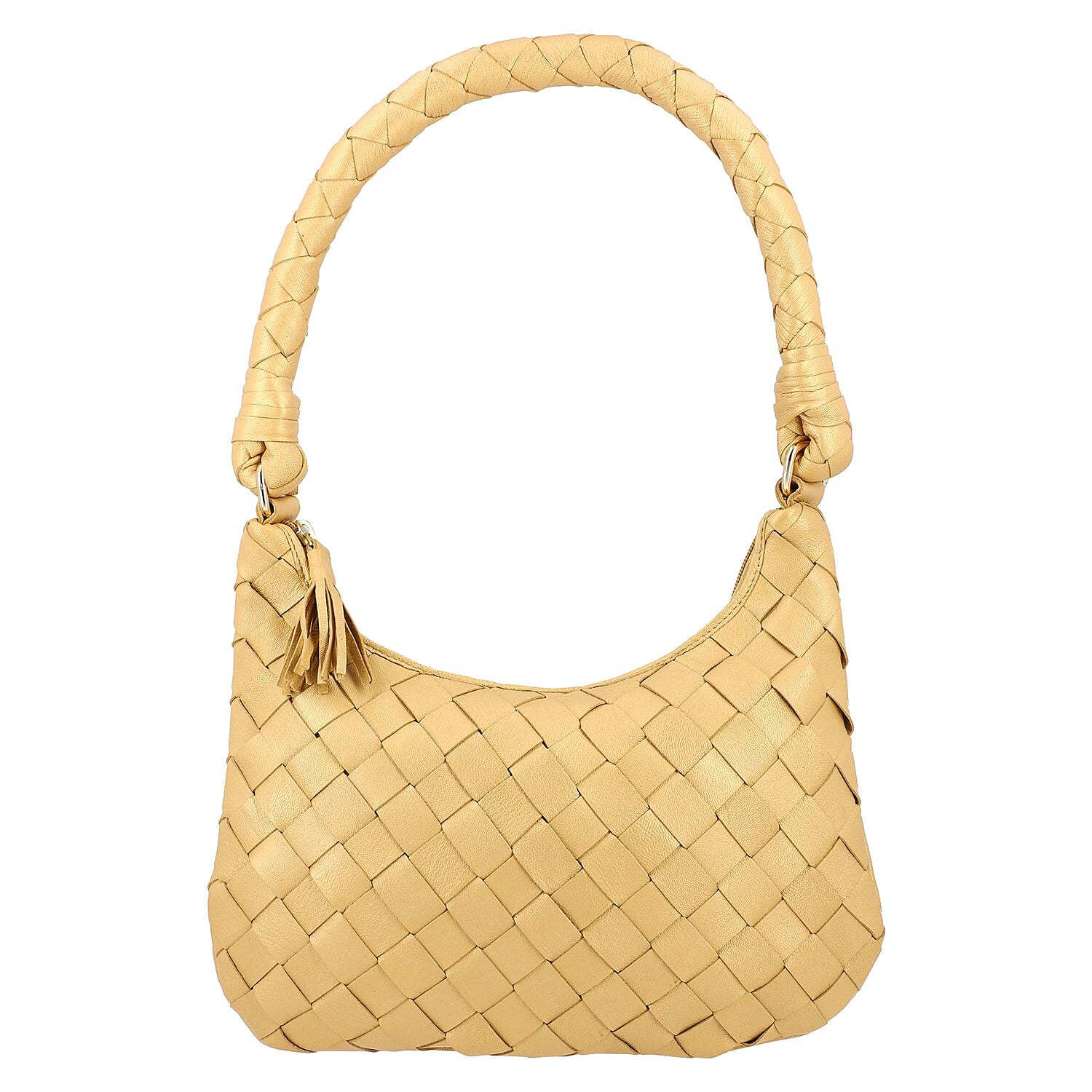 100% Genuine Leather Weaved Shoulder Hobo Bag - Gold