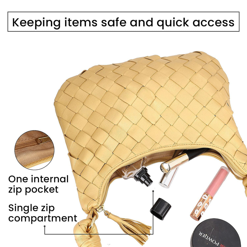 100% Genuine Leather Weaved Shoulder Hobo Bag - Gold