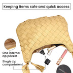 100% Genuine Leather Weaved Shoulder Hobo Bag - Gold