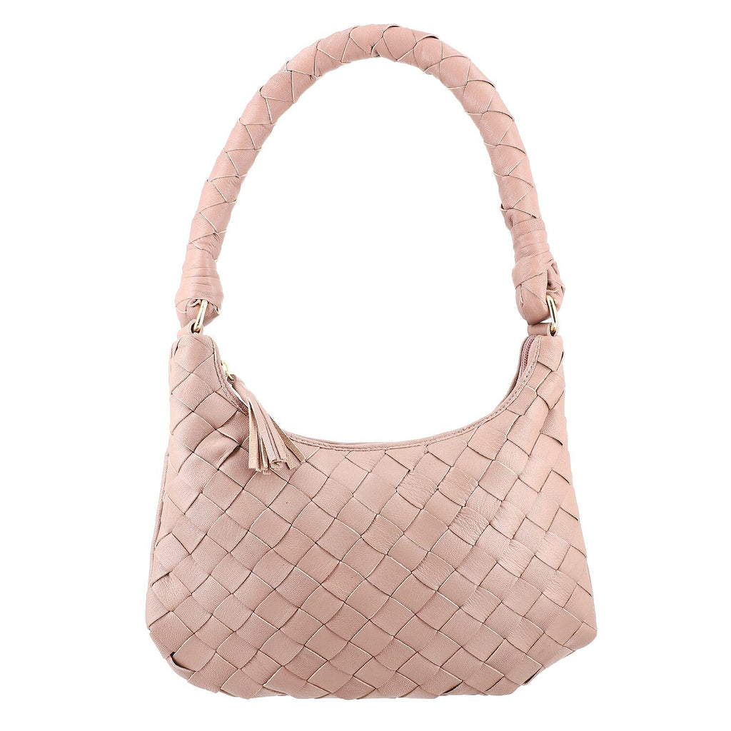 100% Genuine Leather Weaved Shoulder Hobo Bag - Light Brown