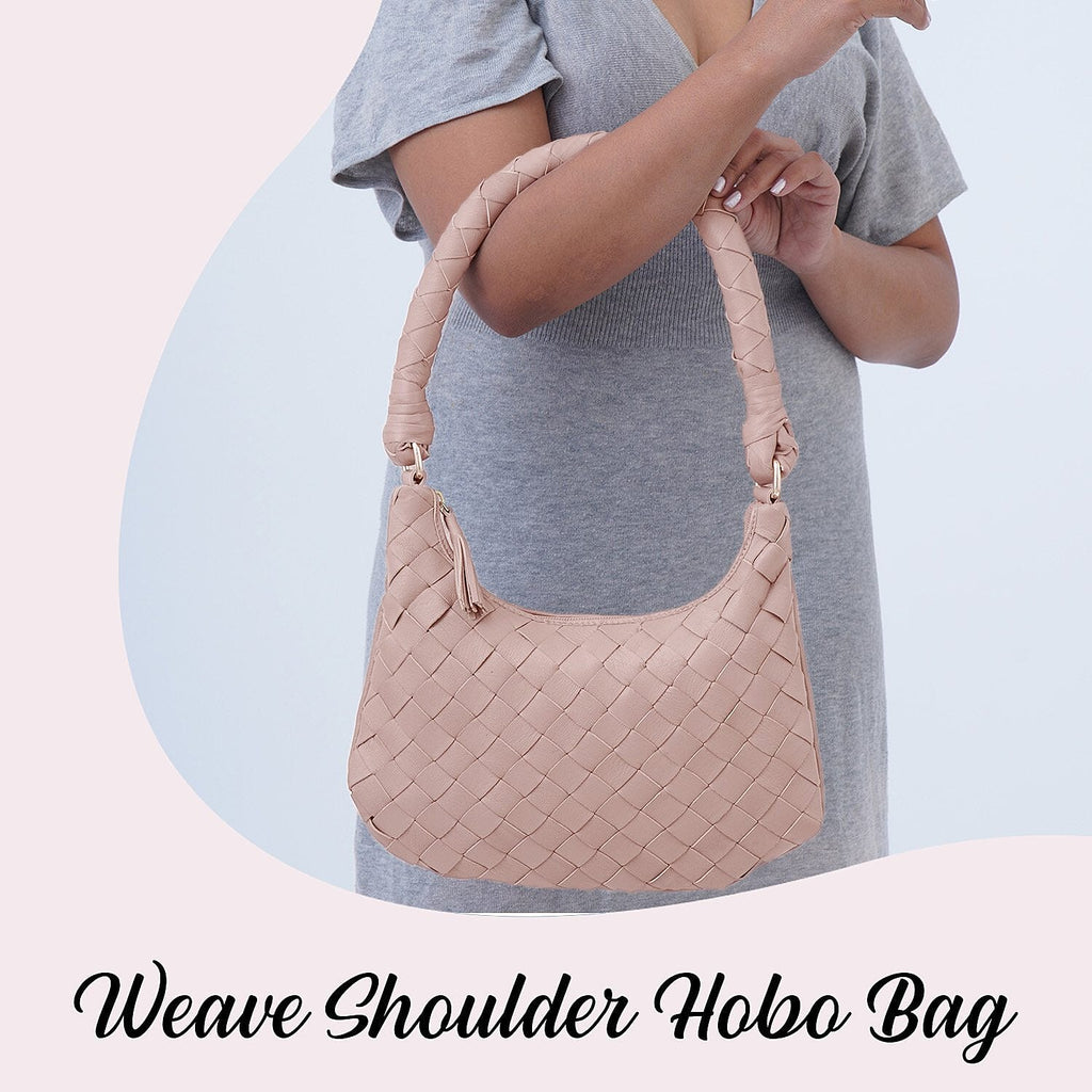 100% Genuine Leather Weaved Shoulder Hobo Bag - Light Brown
