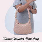 100% Genuine Leather Weaved Shoulder Hobo Bag - Light Brown