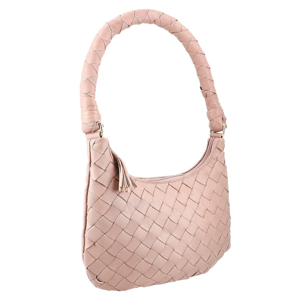 100% Genuine Leather Weaved Shoulder Hobo Bag - Light Brown
