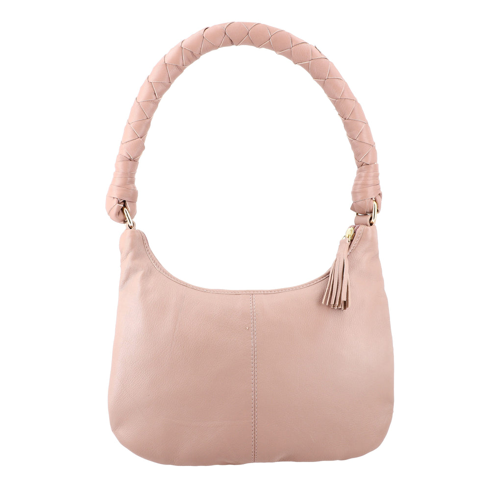 100% Genuine Leather Weaved Shoulder Hobo Bag - Light Brown