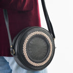 100% Genuine Leather Weaving Round Crossbody Bag - Black