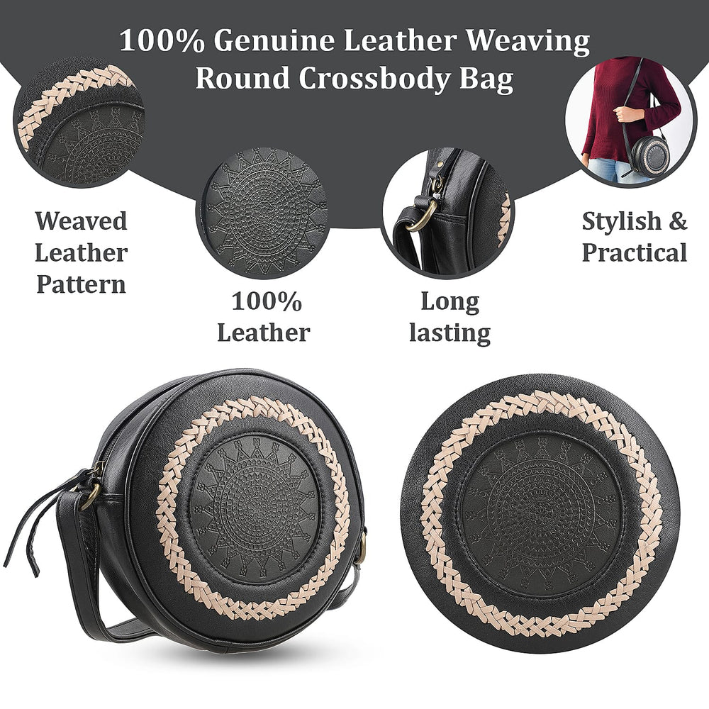 100% Genuine Leather Weaving Round Crossbody Bag - Black