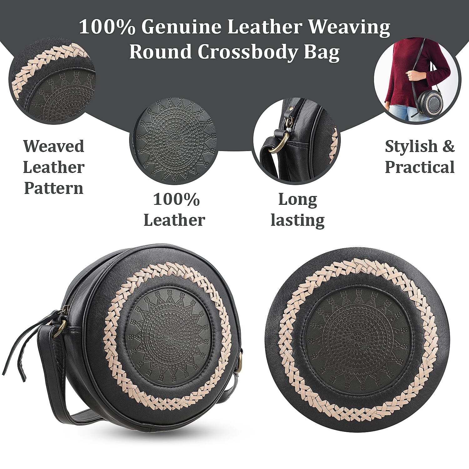 100% Genuine Leather Weaving Round Crossbody Bag - Black