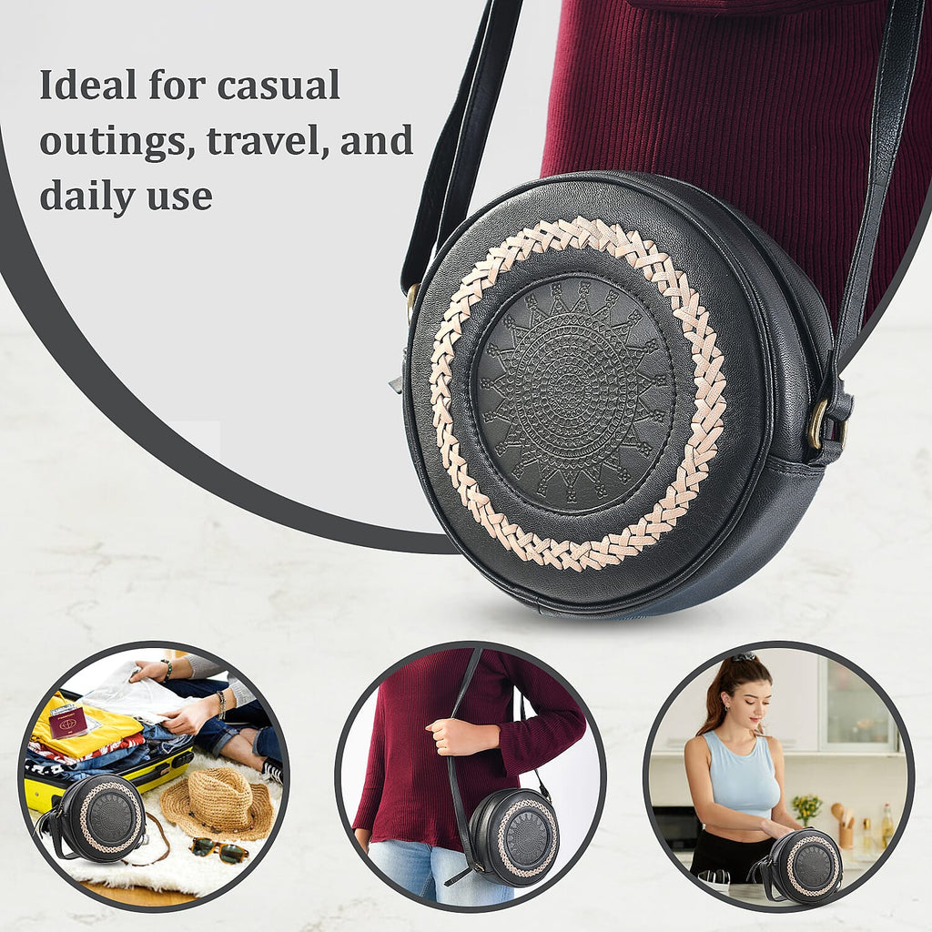 100% Genuine Leather Weaving Round Crossbody Bag - Black