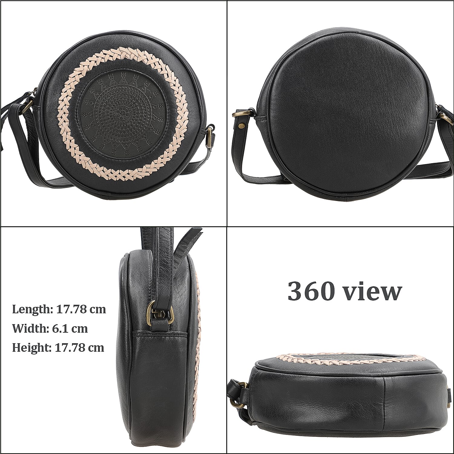 100% Genuine Leather Weaving Round Crossbody Bag - Black
