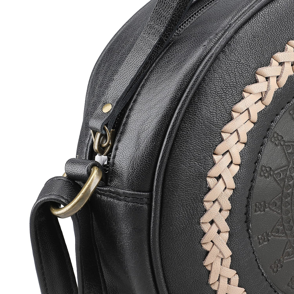 100% Genuine Leather Weaving Round Crossbody Bag - Black
