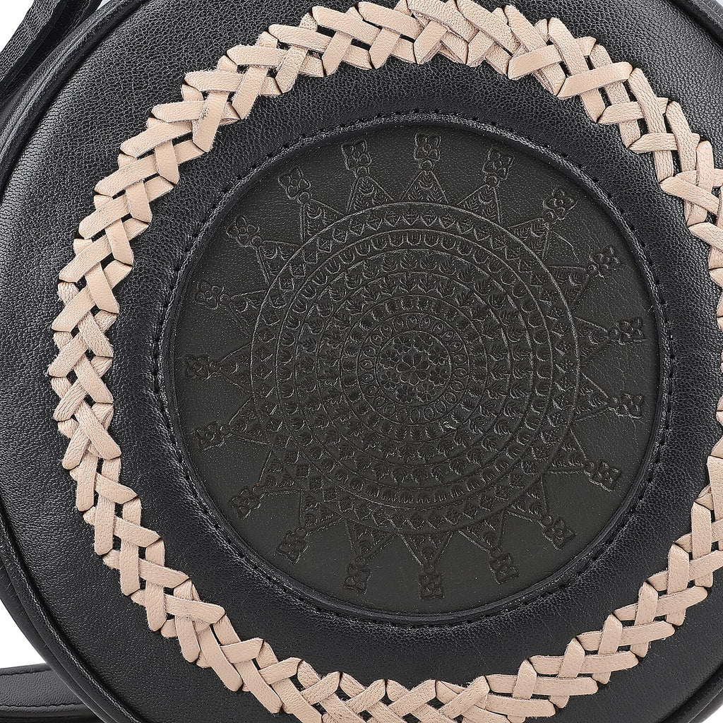 100% Genuine Leather Weaving Round Crossbody Bag - Black