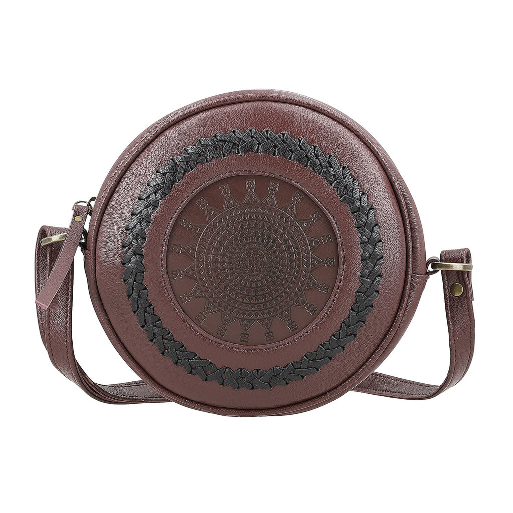100% Genuine Leather Weaving Round Crossbody Bag - Burgundy