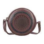 100% Genuine Leather Weaving Round Crossbody Bag - Burgundy